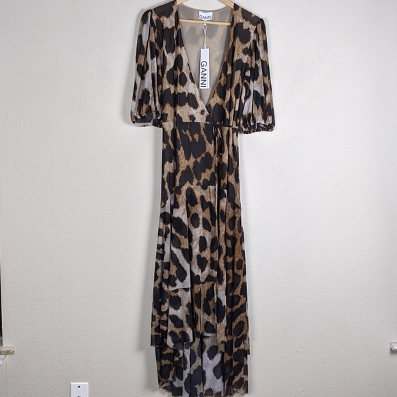 Ganni Dresses & Skirts - Ganni Leopard Mesh Wrap Dress Size 8